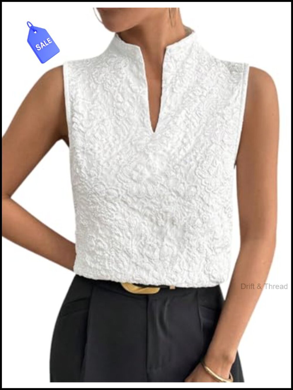 Textured Sleeveless V Neck Stand Collar Tank Top Blouse